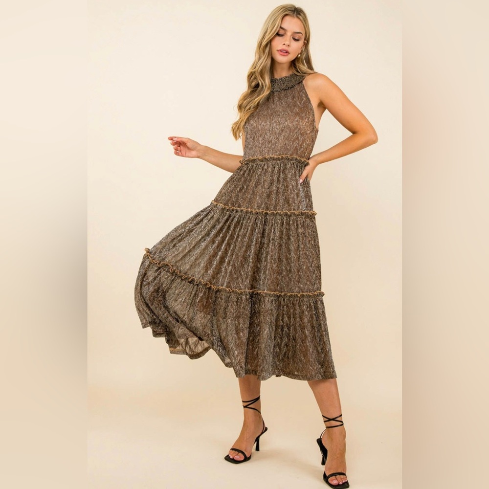 THML Bronze Halter Tiered Metallic Midi Dress